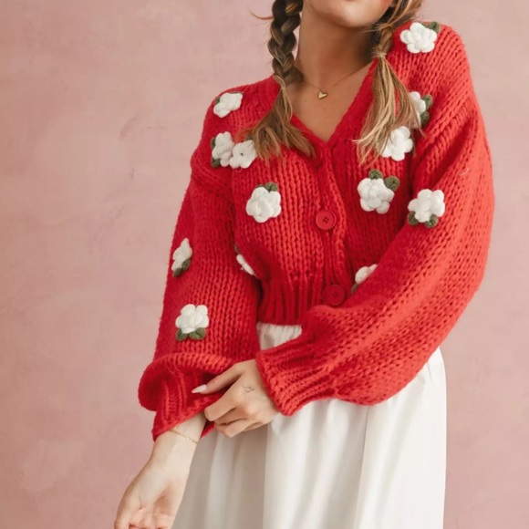 LUNA IVY Red Chunky Knit Crocheted Flower Crochet Rosette Cardigan Sweater S - Picture 2 of 9